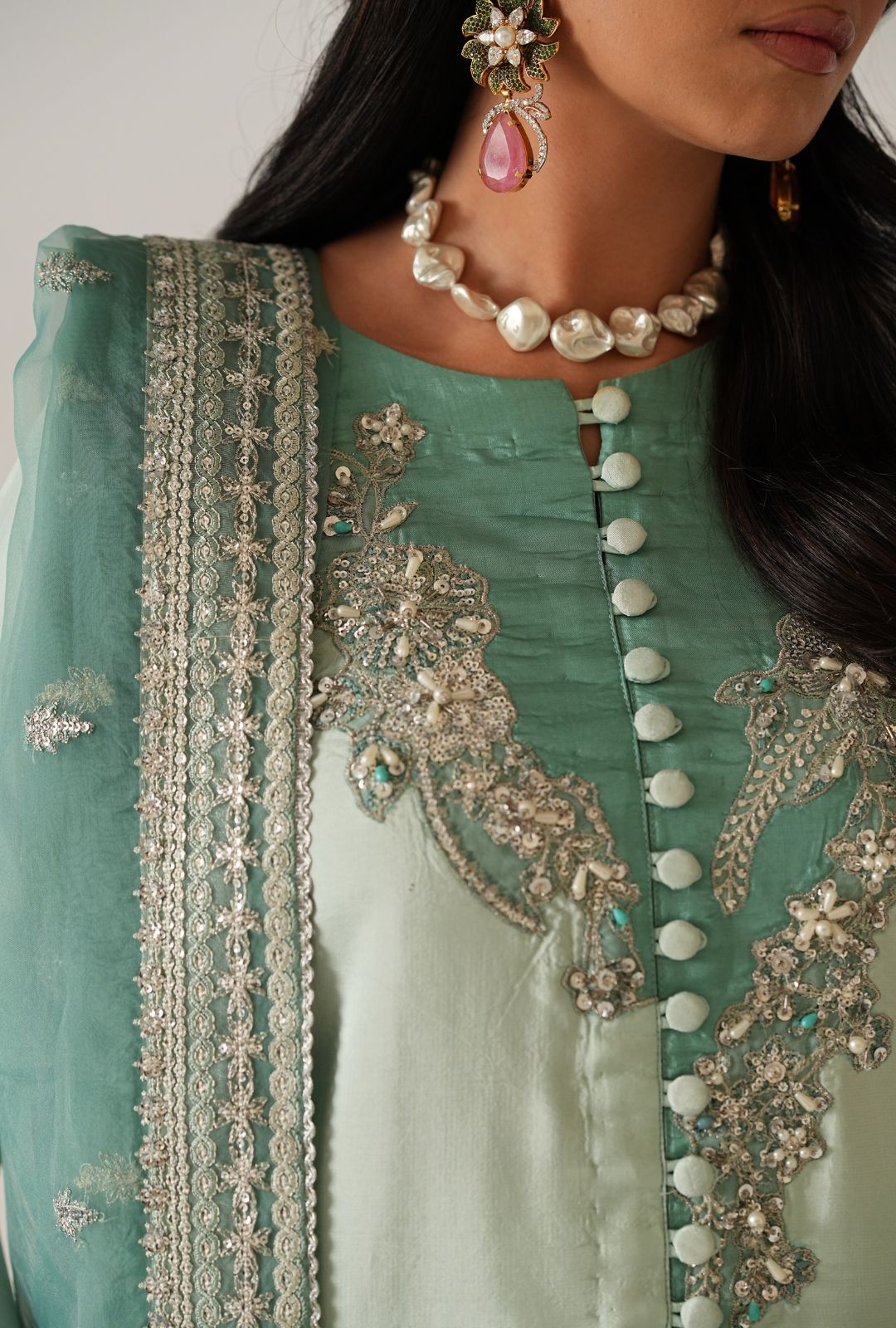Pakistani Turquoise Ombre Embellished Tussle Silk Salwar Kameez (3-Piece) - Image 6
