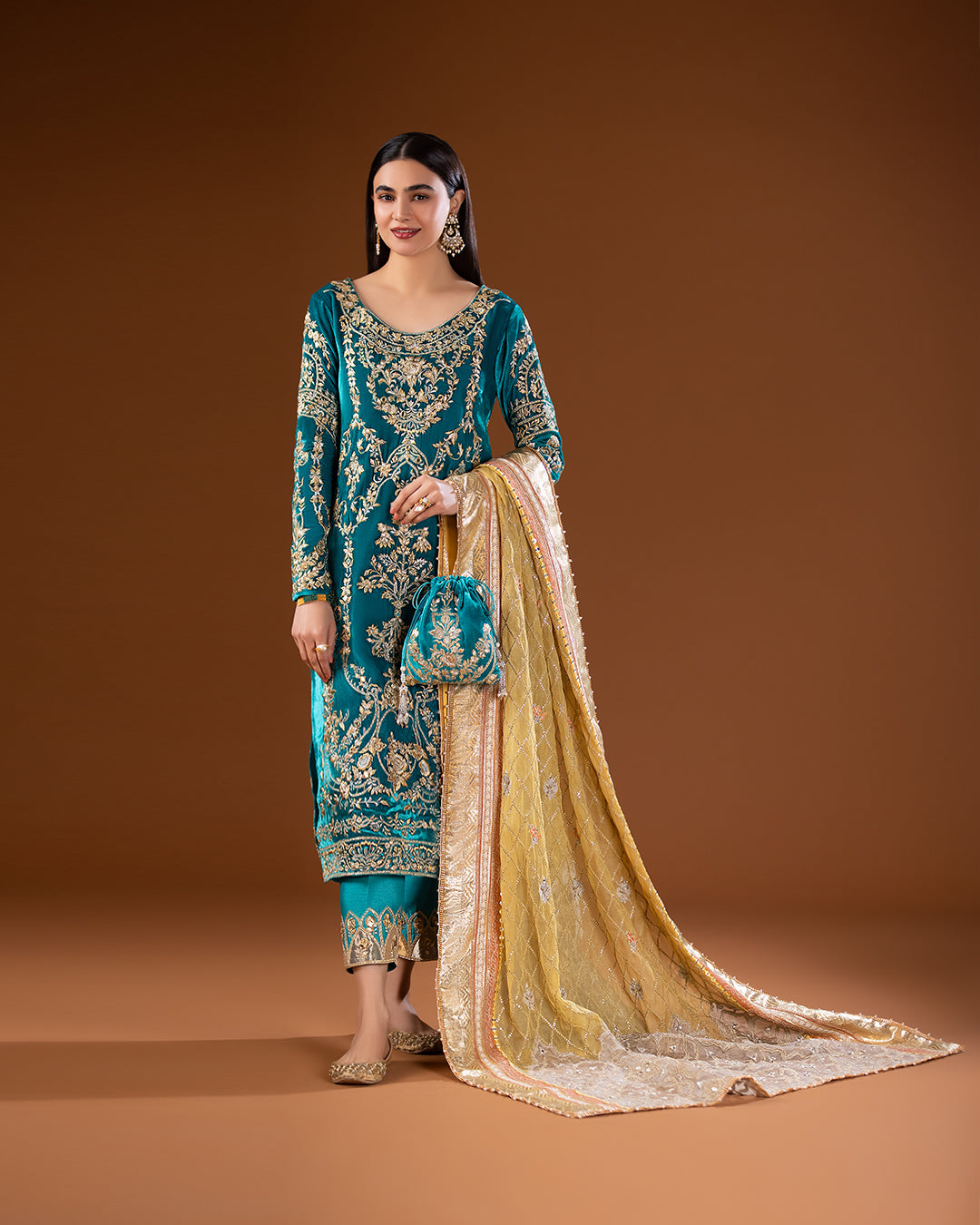 Pakistani Turquoise Embroidered Velvet Salwar Kameez (3-Piece) - Image 4