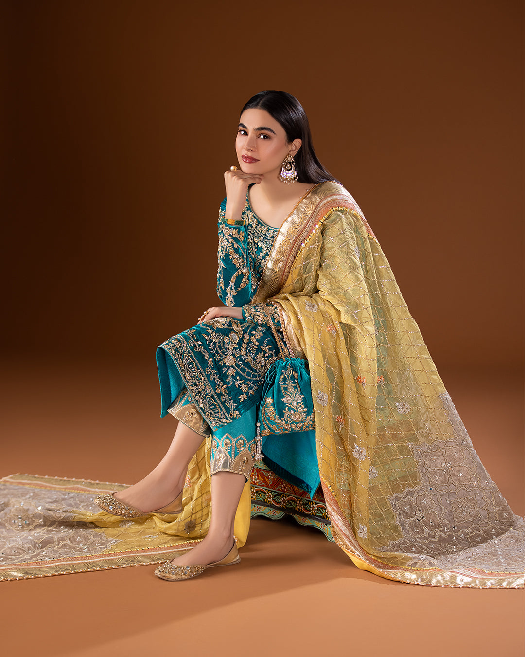 Turquoise Embroidered Velvet Salwar Kameez (3-Piece) - Image 1