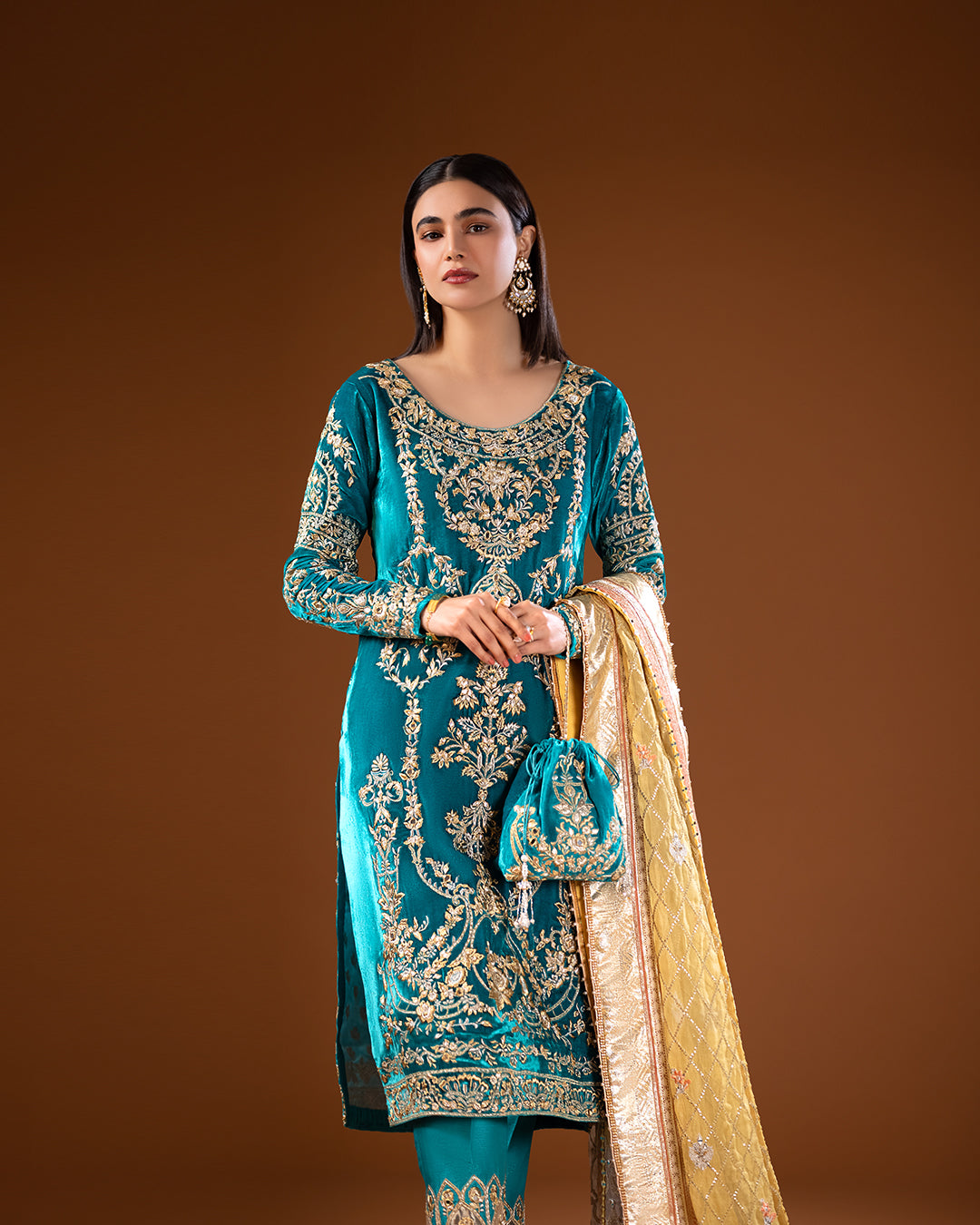 Turquoise Embroidered Velvet Salwar Kameez (3-Piece) - Image 3
