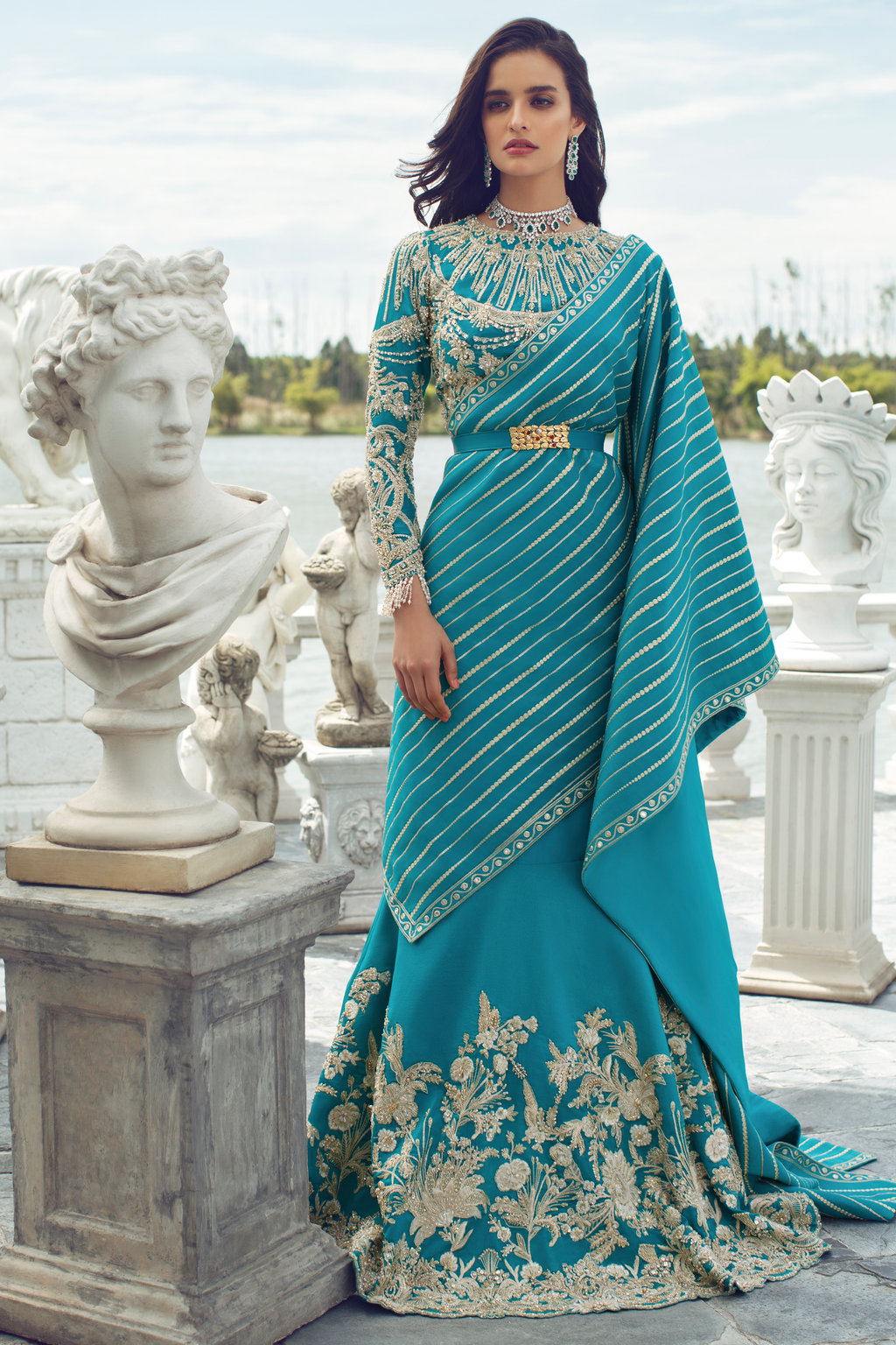 Turquoise 3D Sheesha Embroidered Raw Silk Saree Dress (3-Piece) - Image 1