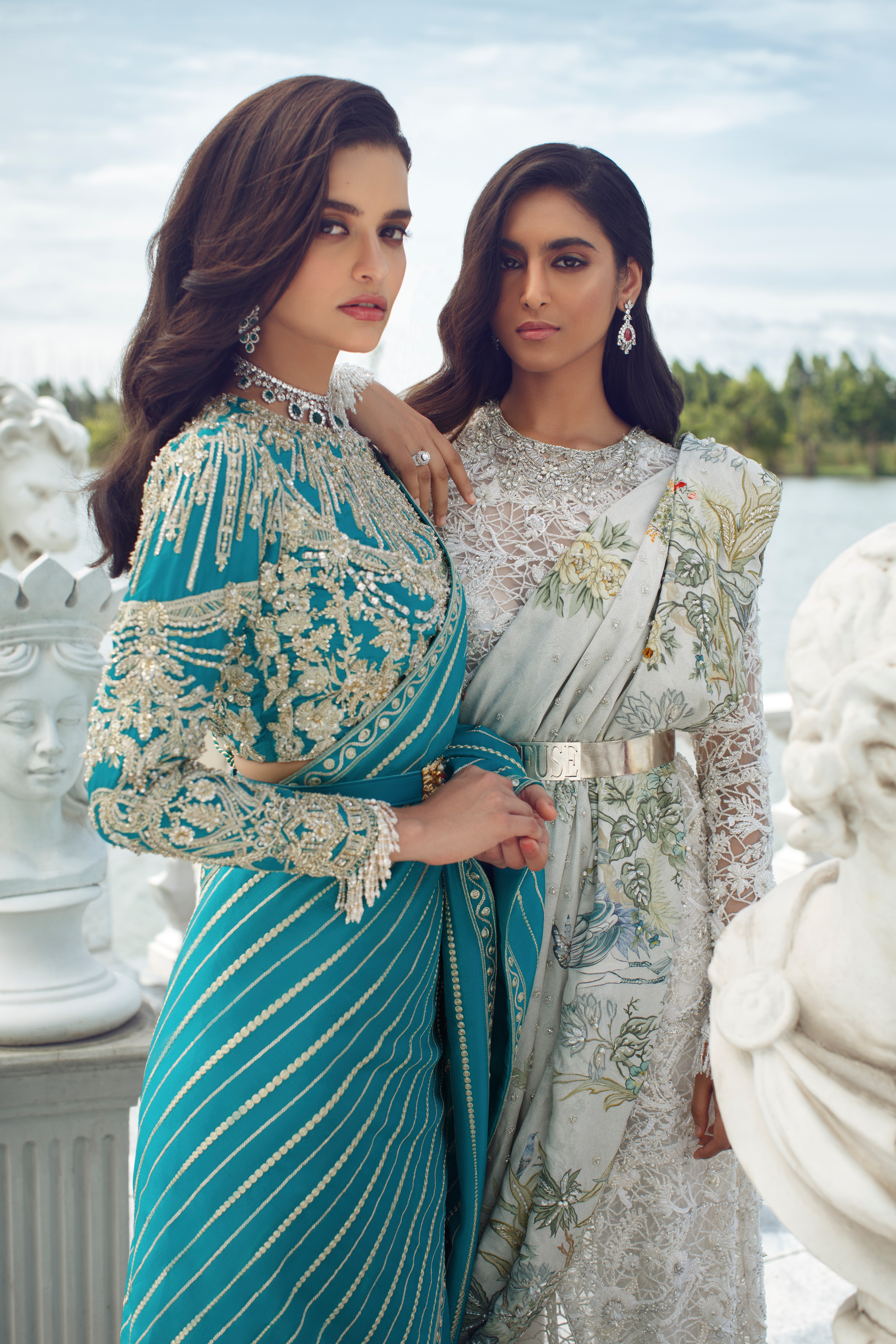 Turquoise 3D Sheesha Embroidered Raw Silk Saree Dress (3-Piece) - Image 4