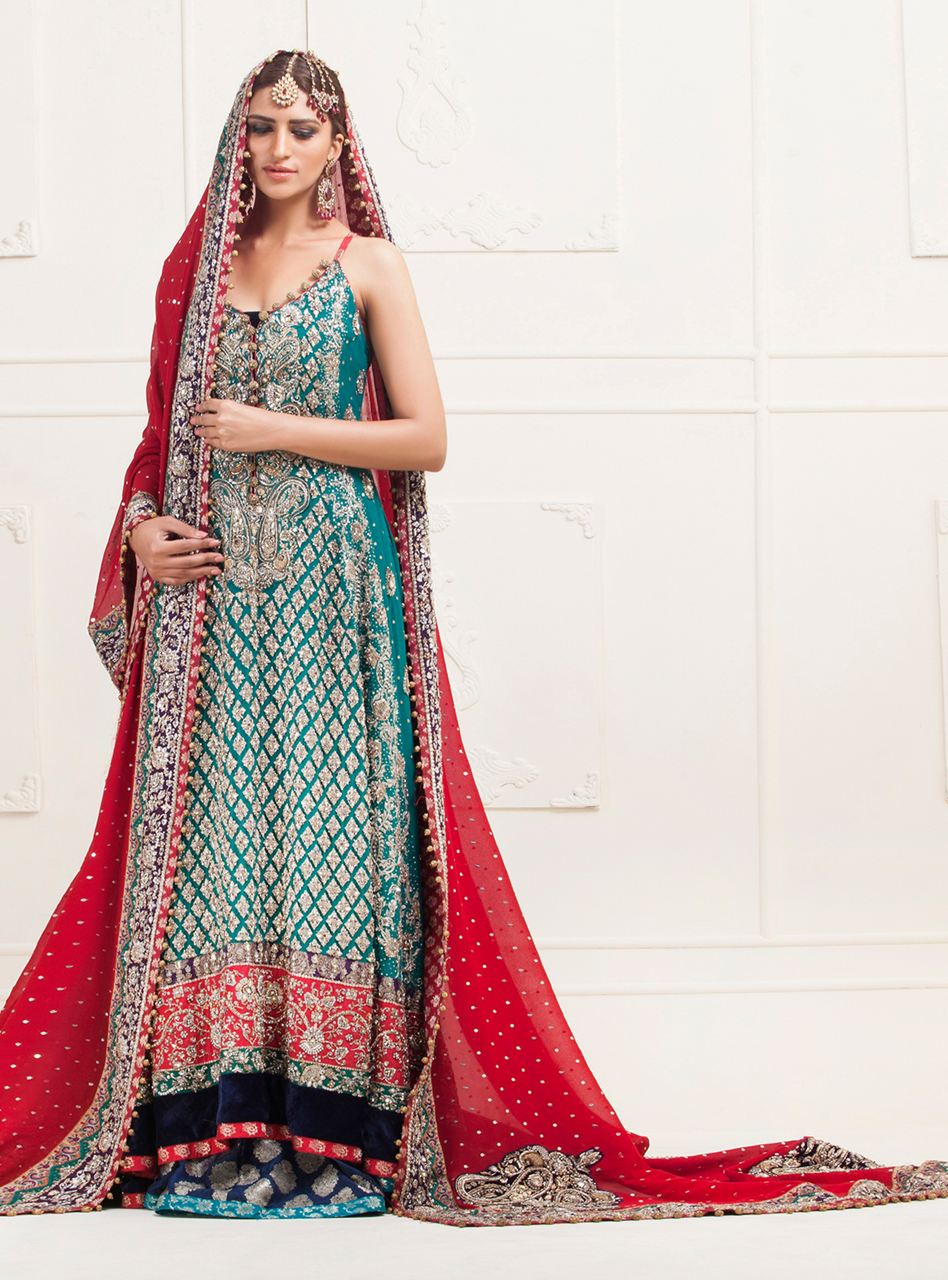 Pakistani Turquoise Embellished Chiffon Sharara Set (3-Piece) - Image 1