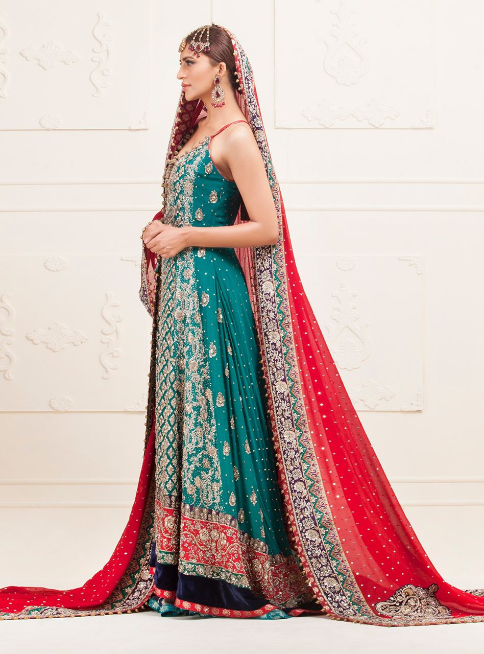 Pakistani Turquoise Embellished Chiffon Sharara Set (3-Piece) - Image 2