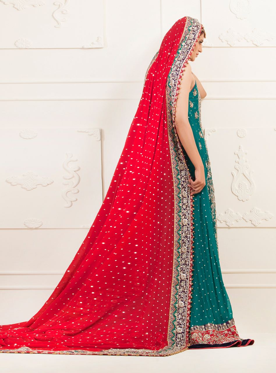 Pakistani Turquoise Embellished Chiffon Sharara Set (3-Piece) - Image 4