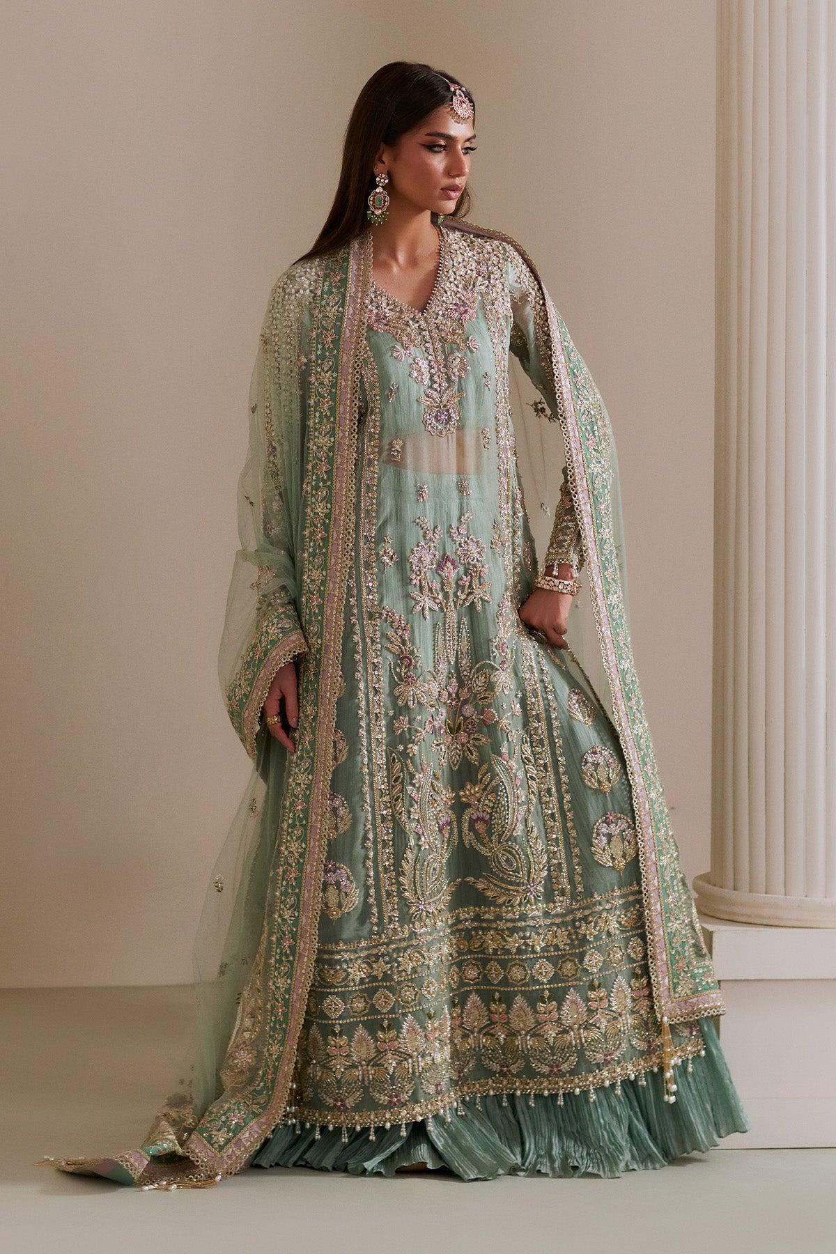 Turquoise Embroidered Net Sharara Set (3-Piece) - Image 1