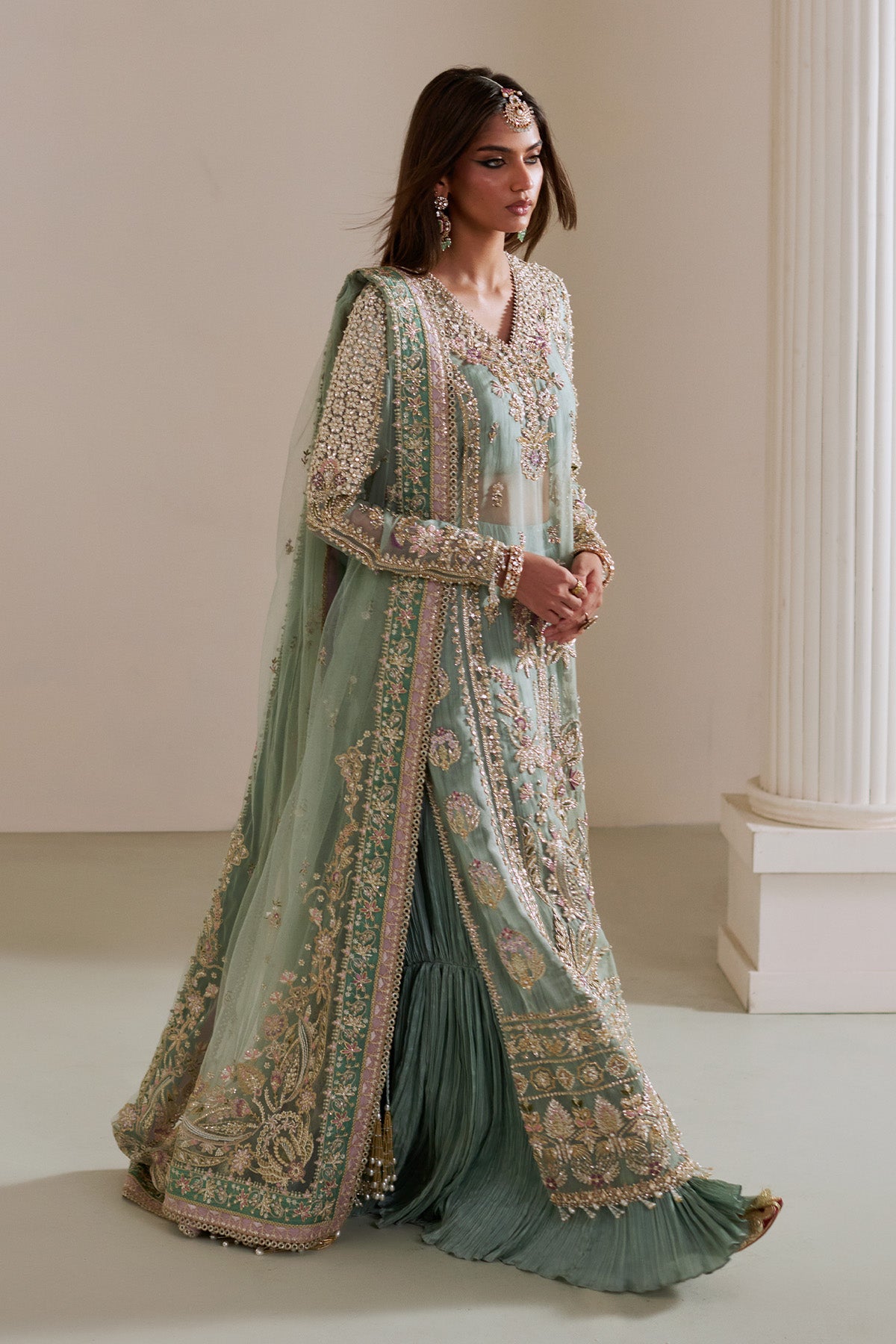 Turquoise Embroidered Net Sharara Set (3-Piece) - Image 2