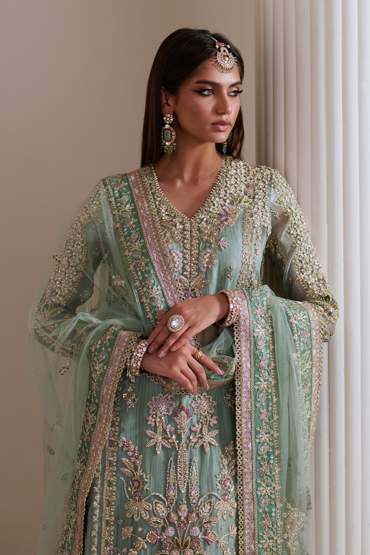 Turquoise Embroidered Net Sharara Set (3-Piece) - Image 3