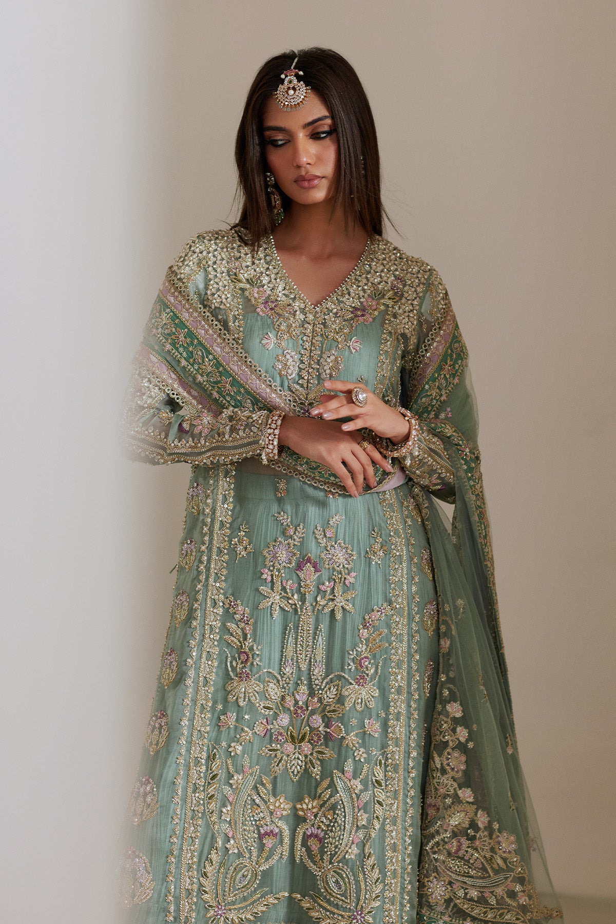 Turquoise Embroidered Net Sharara Set (3-Piece) - Image 4