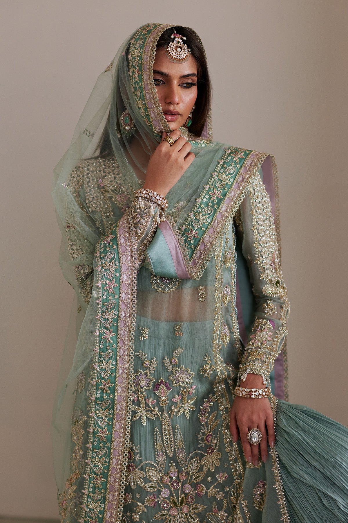 Turquoise Embroidered Net Sharara Set (3-Piece) - Image 7