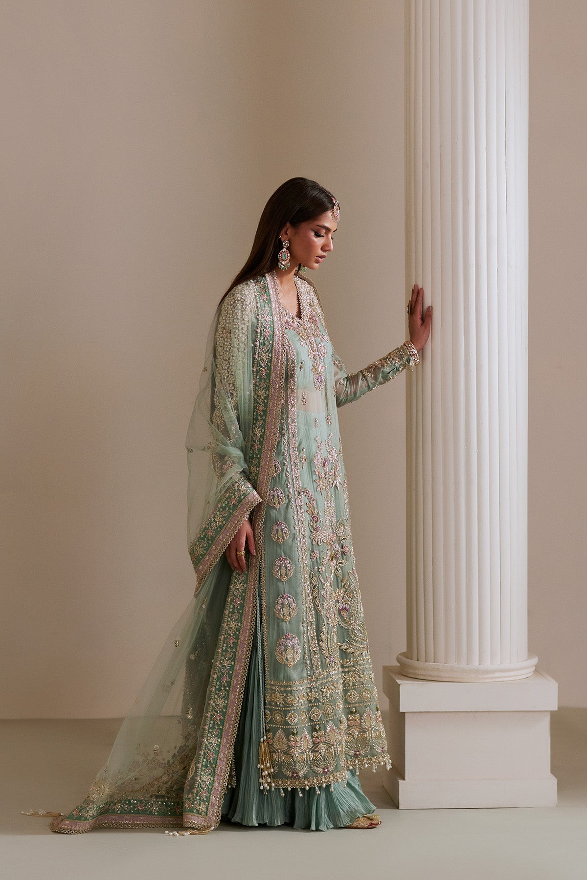 Turquoise Embroidered Net Sharara Set (3-Piece) - Image 9