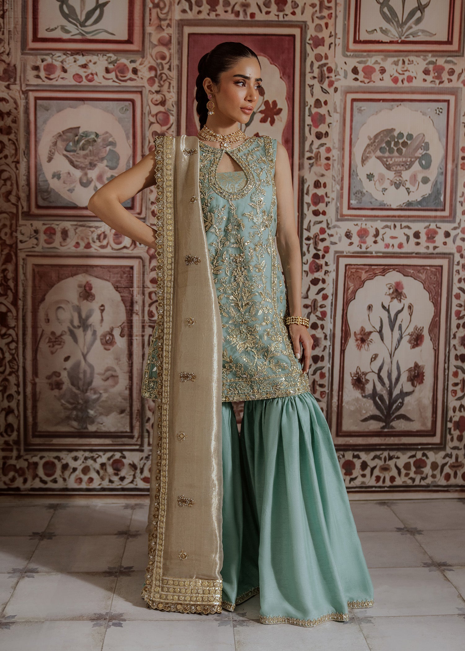 Pakistani Turquoise Embroidered Net Kurti Sharara (3-Piece) - Image 1