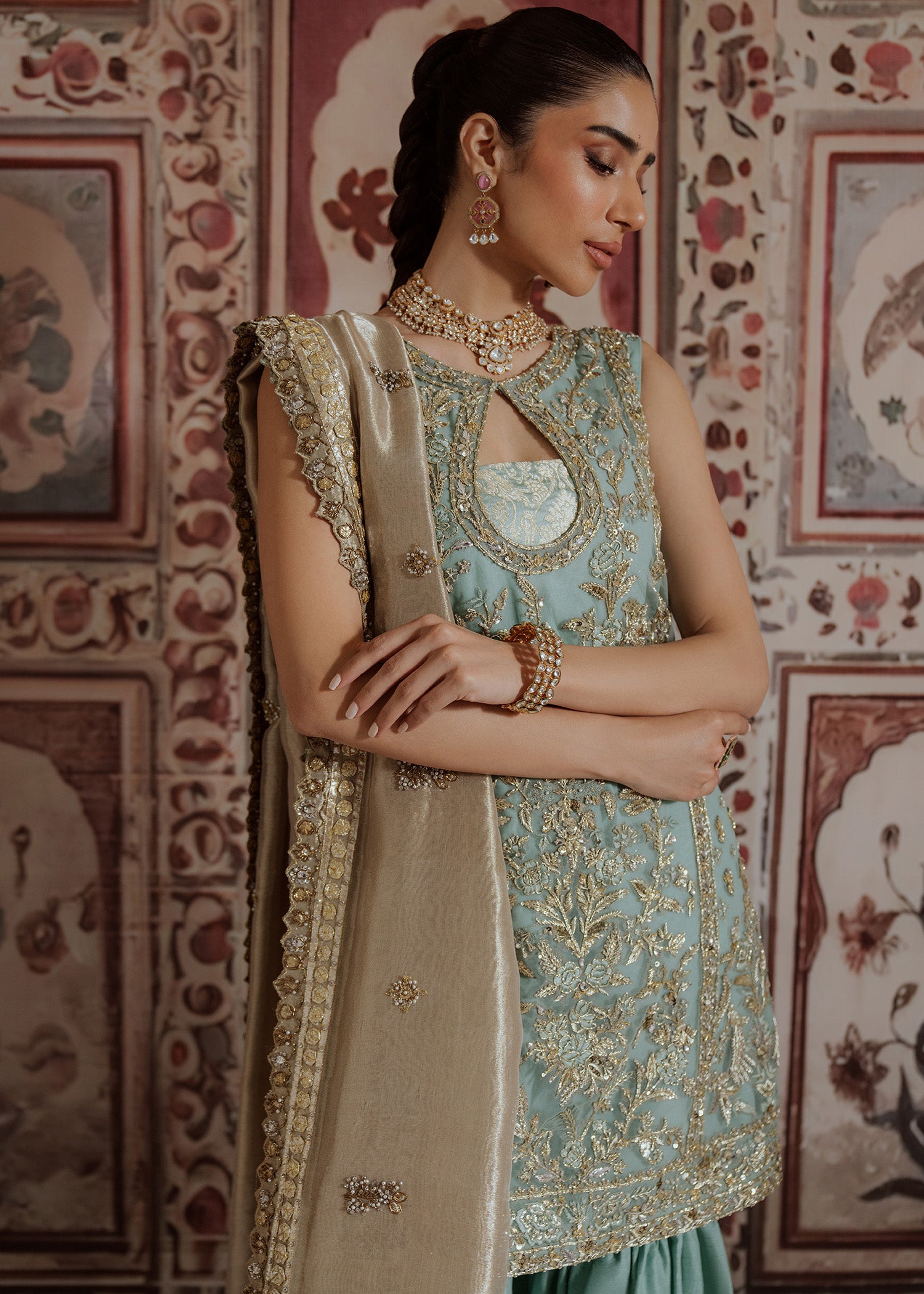 Pakistani Turquoise Embroidered Net Kurti Sharara (3-Piece) - Image 2