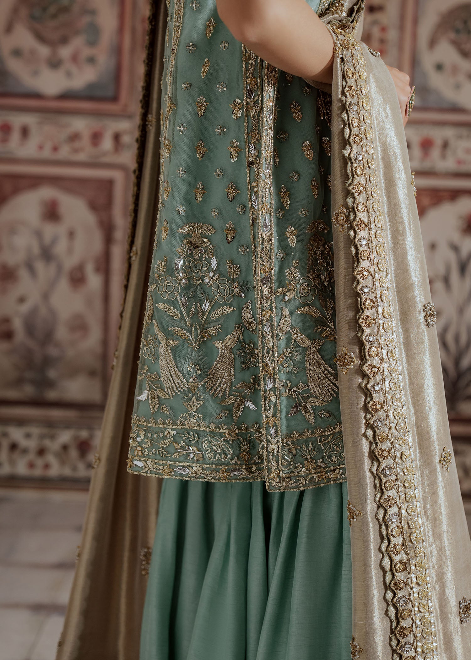 Pakistani Turquoise Embroidered Net Kurti Sharara (3-Piece) - Image 3