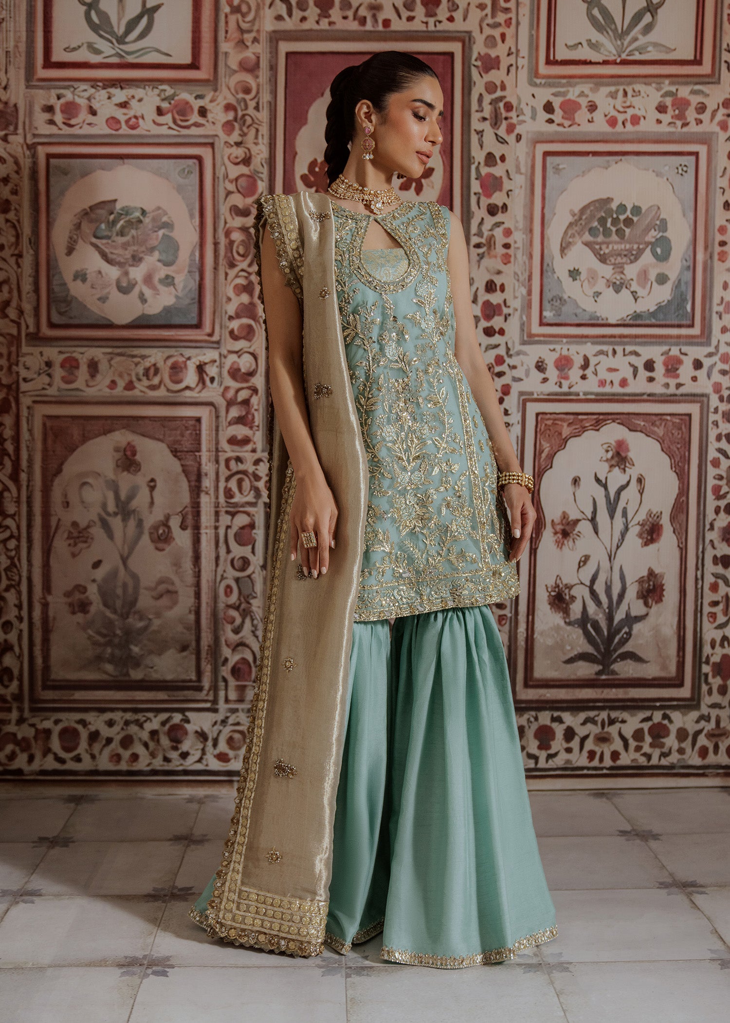 Pakistani Turquoise Embroidered Net Kurti Sharara (3-Piece) - Image 4