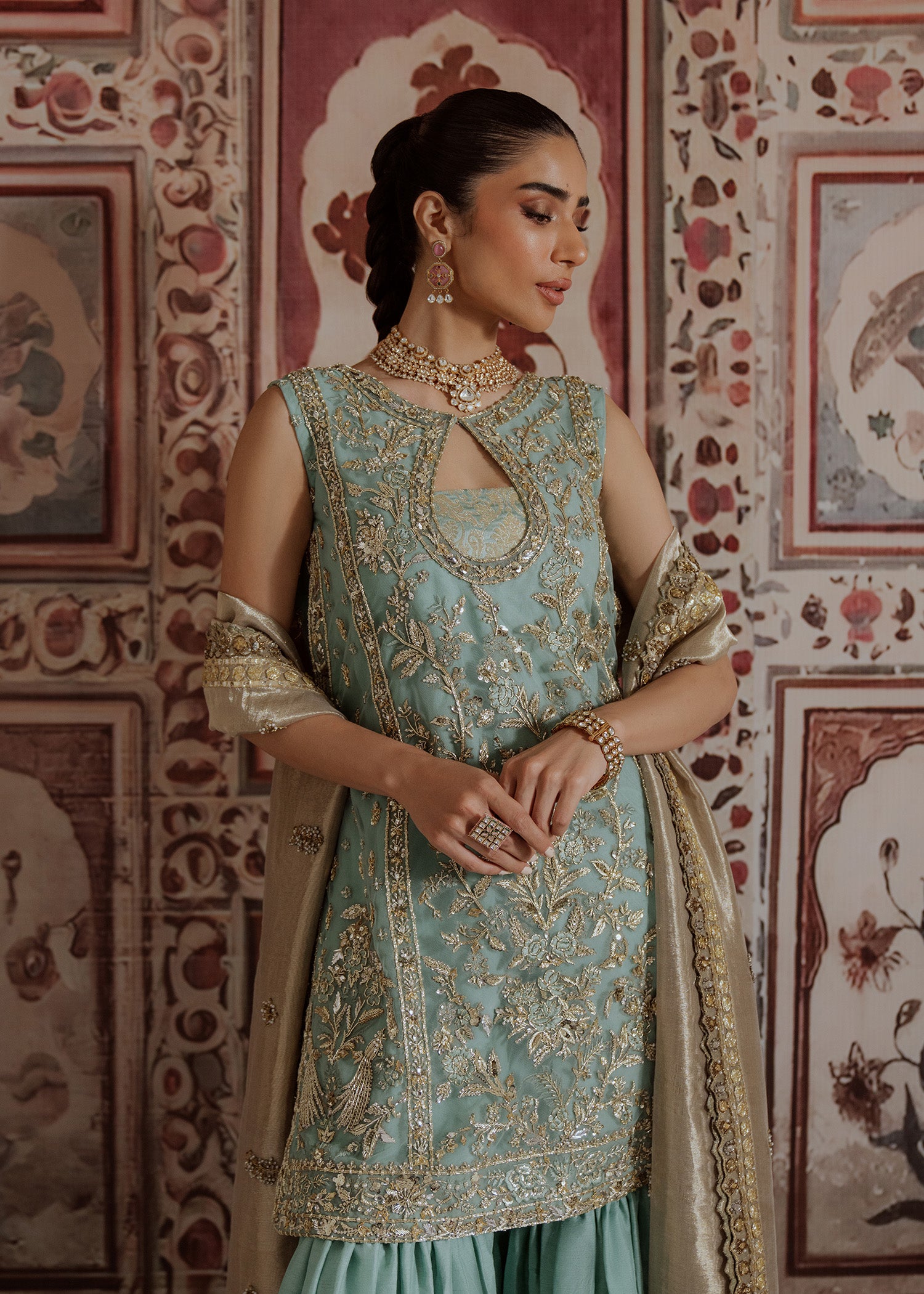 Pakistani Turquoise Embroidered Net Kurti Sharara (3-Piece) - Image 5