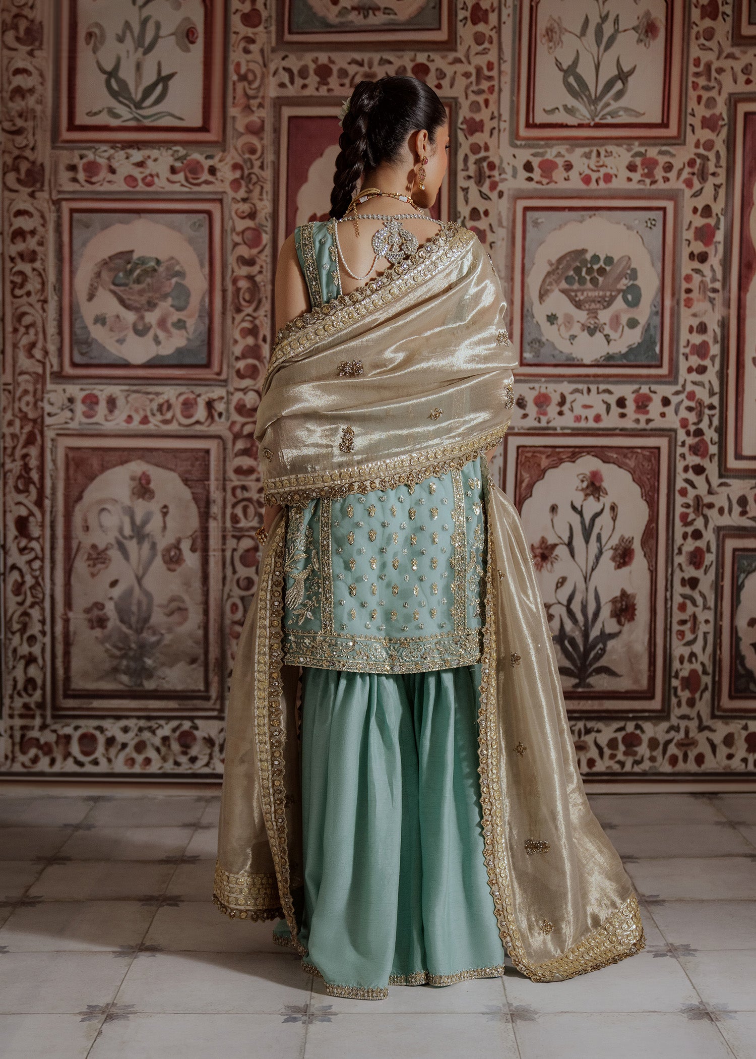 Pakistani Turquoise Embroidered Net Kurti Sharara (3-Piece) - Image 6