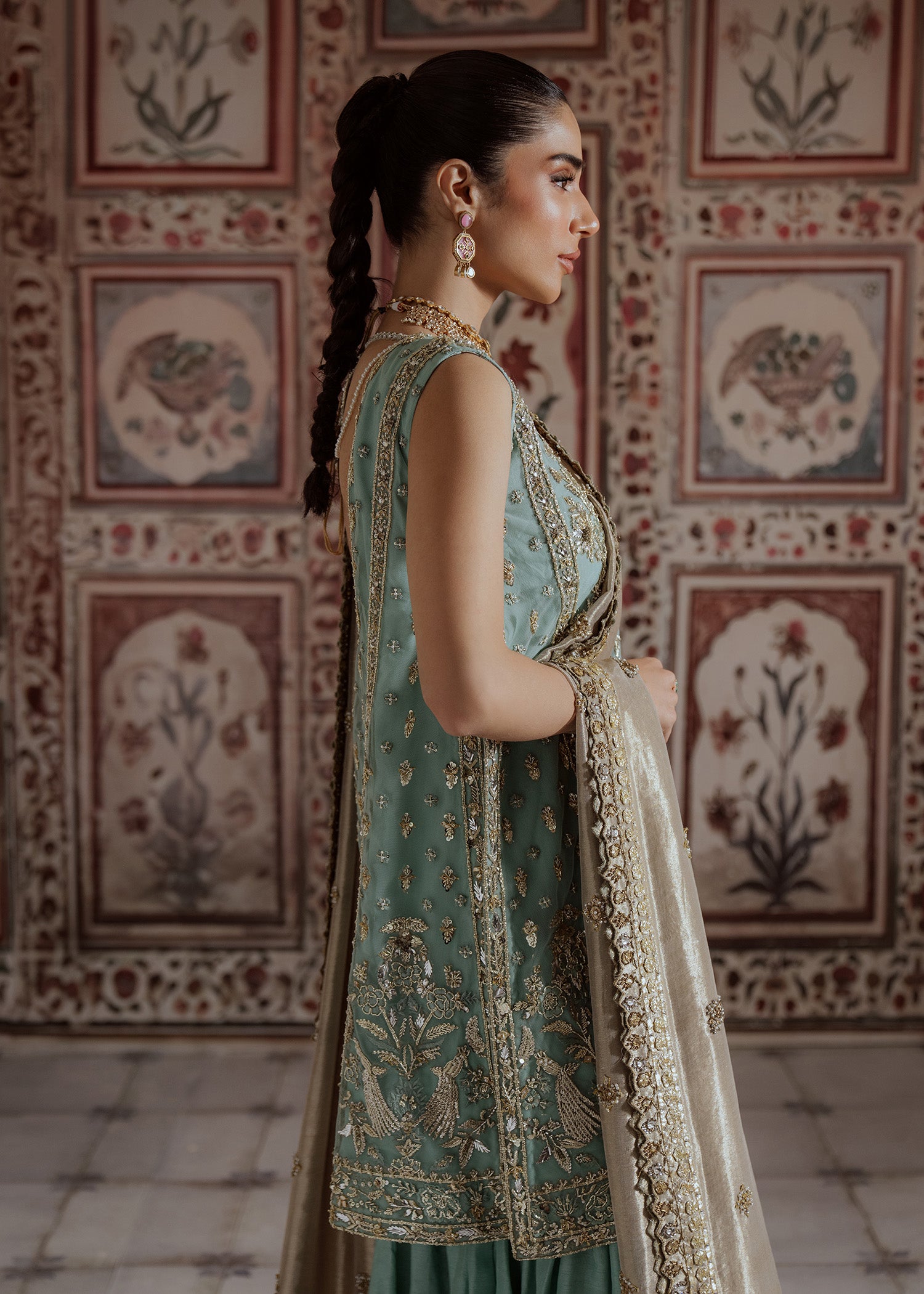 Pakistani Turquoise Embroidered Net Kurti Sharara (3-Piece) - Image 7