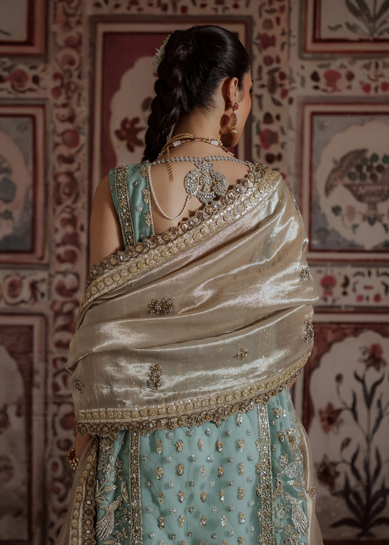 Pakistani Turquoise Embroidered Net Kurti Sharara (3-Piece) - Image 8