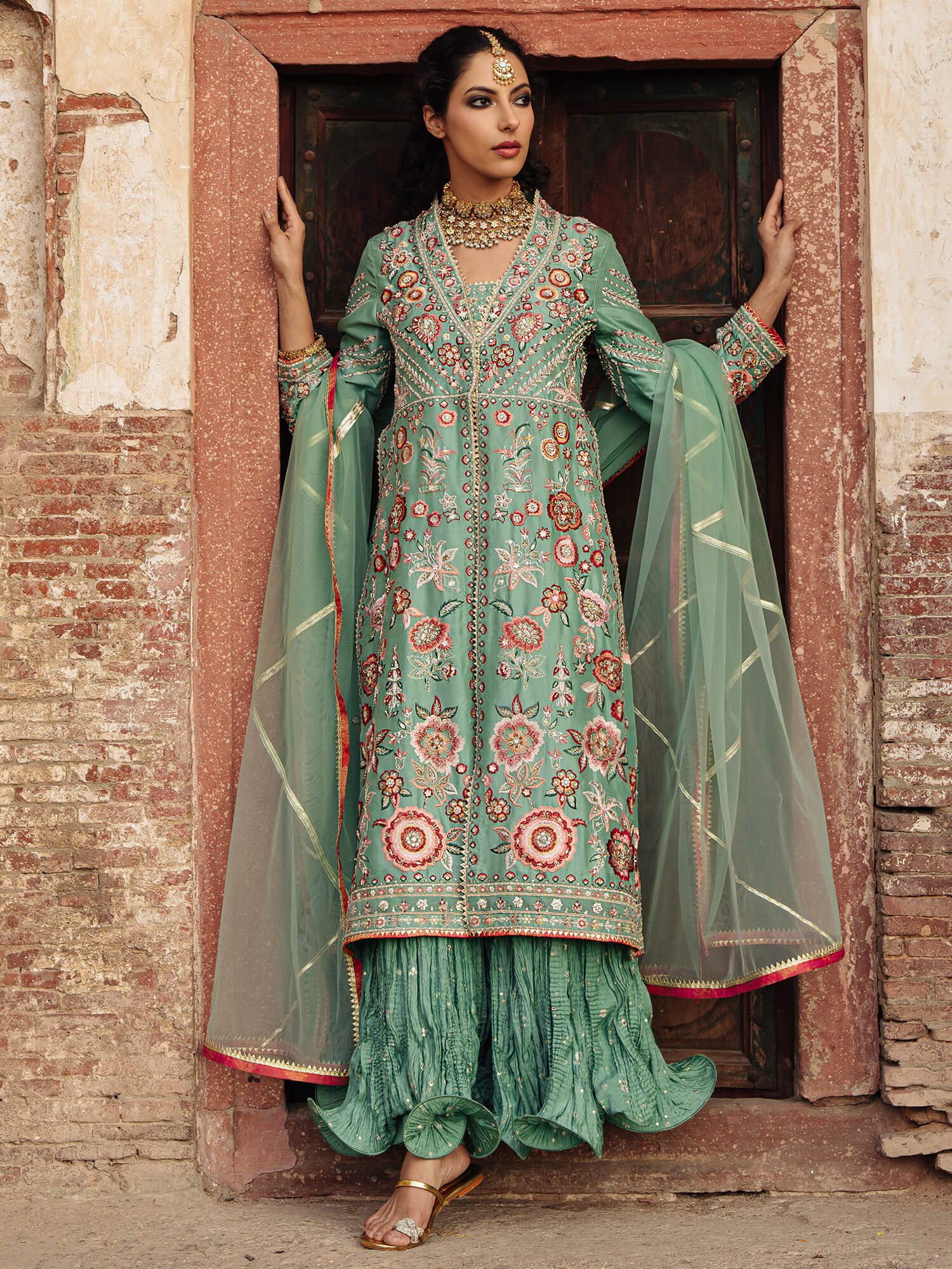 Dusty Turquoise Embroidered Raw Silk Sharara (3-Piece) - Image 1