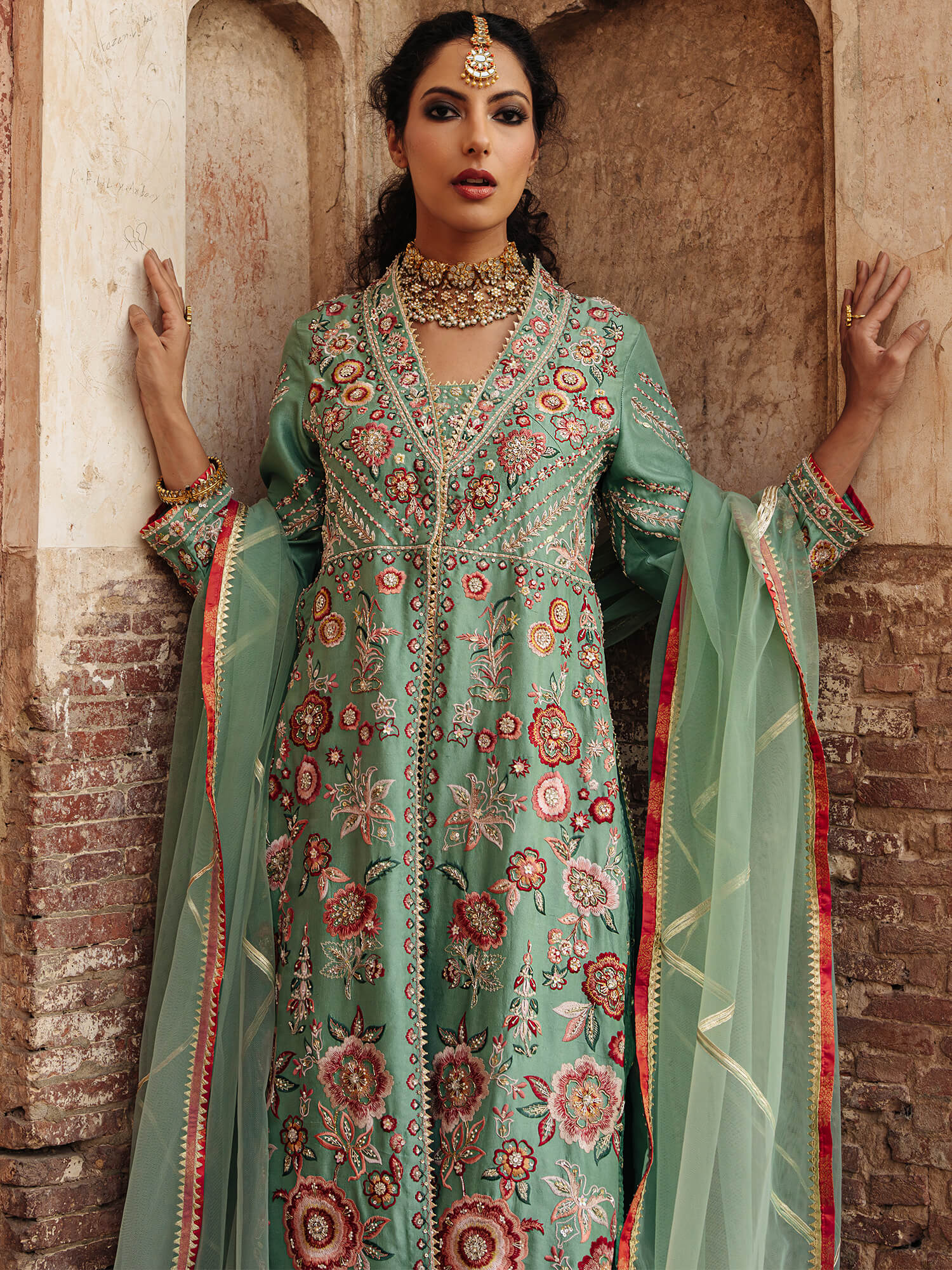 Dusty Turquoise Embroidered Raw Silk Sharara (3-Piece) - Image 2