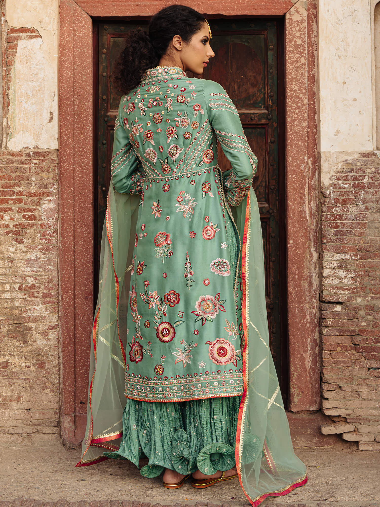 Dusty Turquoise Embroidered Raw Silk Sharara (3-Piece) - Image 4