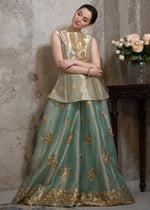 Pakistani Turquoise Sequined Tissue Sharara Dress (2-Piece) - Image 4