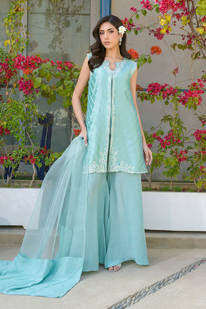 Pakistani Turquoise Mirror Work Sheesha Silk Co-ord Set (3-Piece) - Image 1