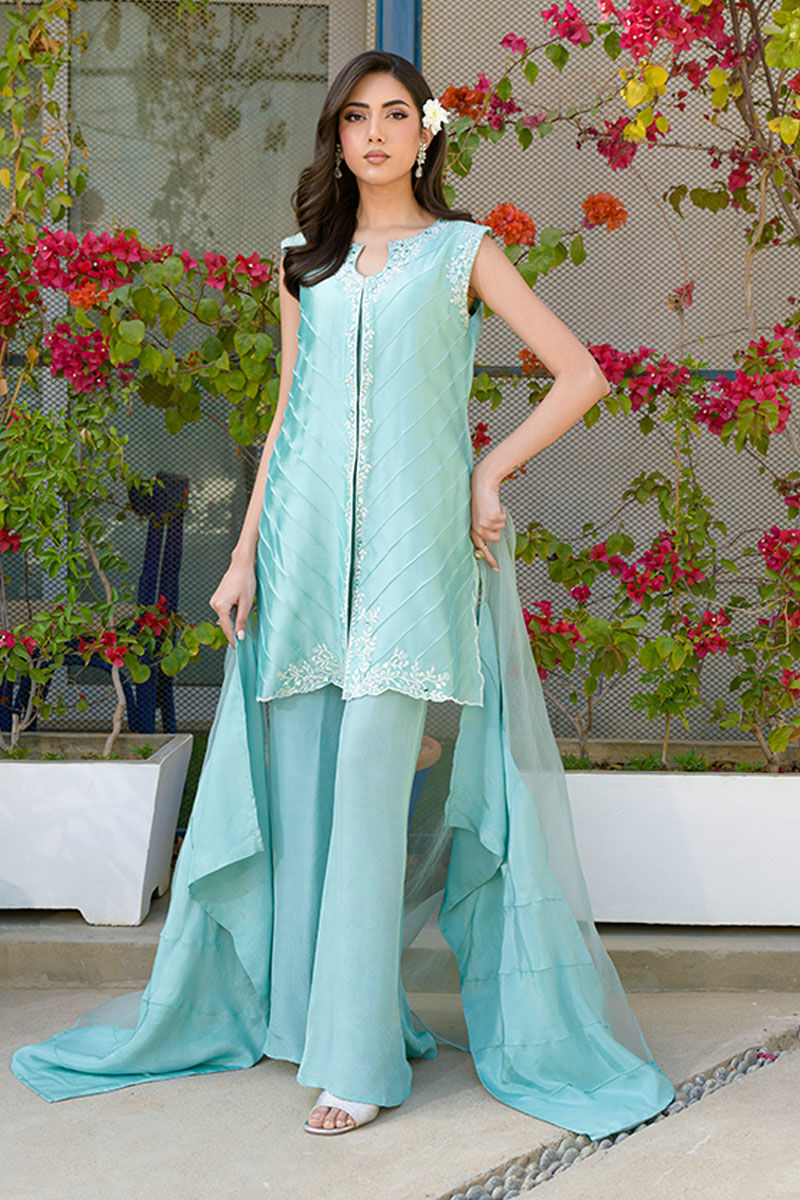 Pakistani Turquoise Mirror Work Sheesha Silk Co-ord Set (3-Piece) - Image 3
