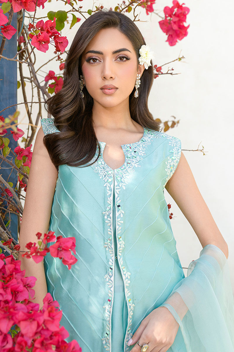 Pakistani Turquoise Mirror Work Sheesha Silk Co-ord Set (3-Piece) - Image 4