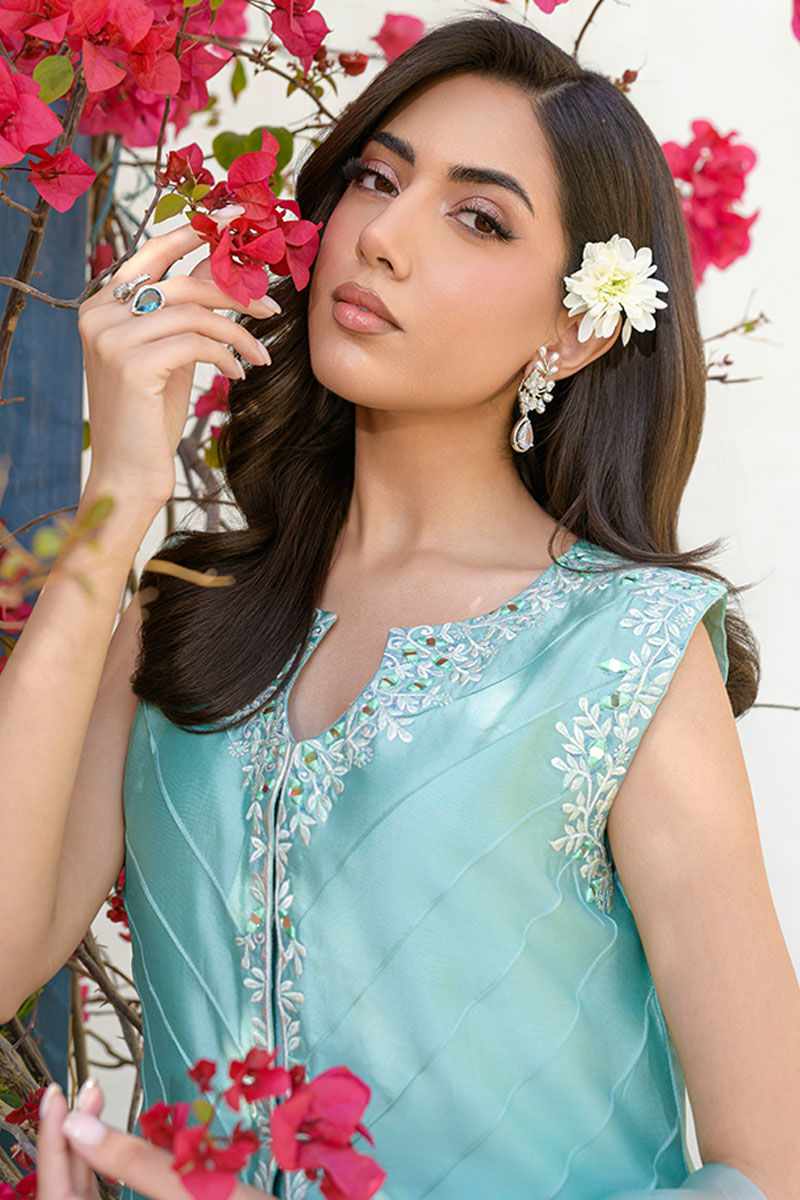 Pakistani Turquoise Mirror Work Sheesha Silk Co-ord Set (3-Piece) - Image 6