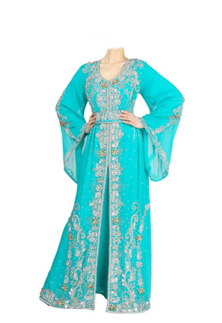 Pakistani Turquoise Zari Aari Georgette Kaftan (2-Piece) - Image 1