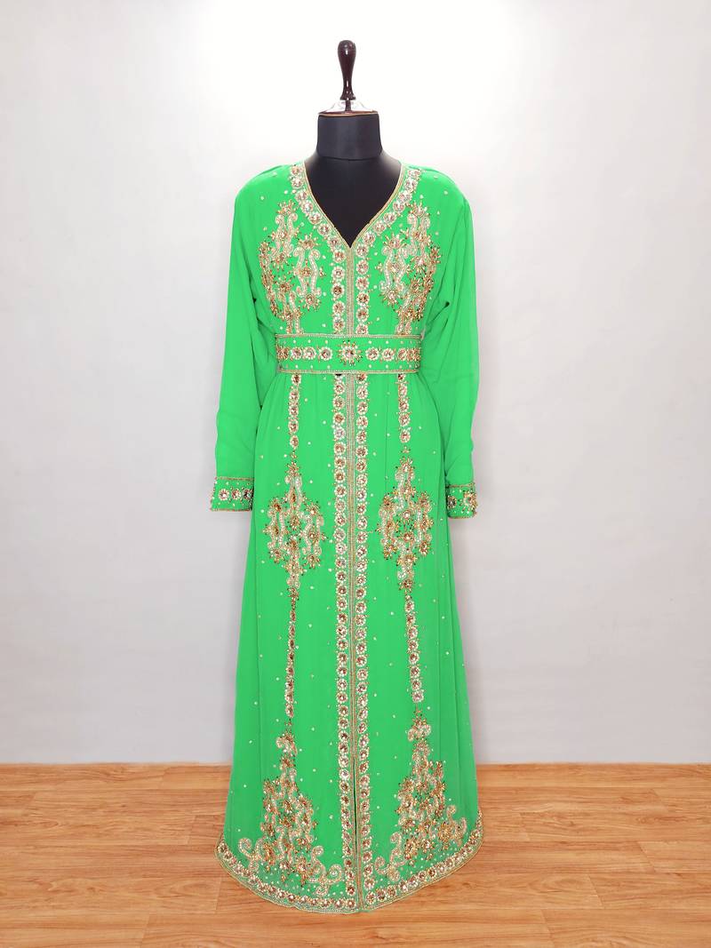 Pakistani Turquoise Embroidered Georgette Moroccan Kaftan (2-Piece) - Image 1
