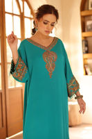 Turquoise Hand-Embellished Raw Silk Kaftan (1-Pc) - Image 3