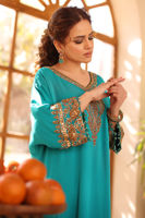Turquoise Hand-Embellished Raw Silk Kaftan (1-Pc) - Image 7