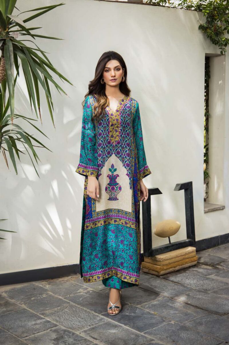 Turquoise Block-Printed Silk Kaftan (2-Piece) - Image 1