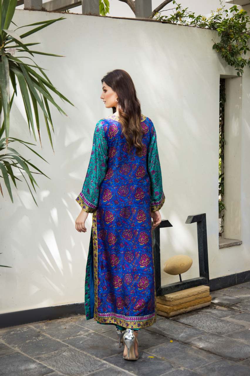 Turquoise Block-Printed Silk Kaftan (2-Piece) - Image 4