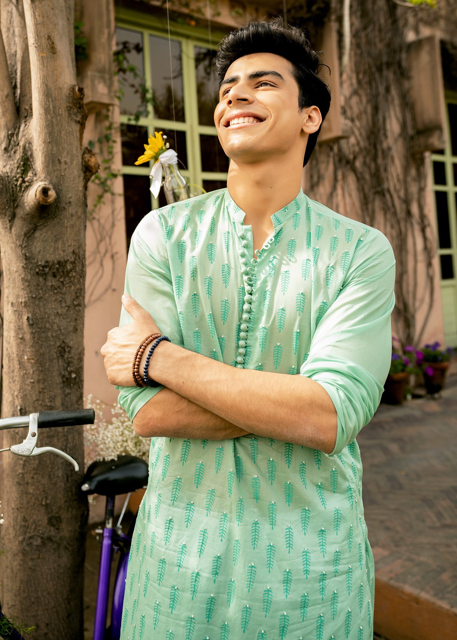 Turquoise Printed Cotton Kurta Pajama (2-Piece) - Image 1
