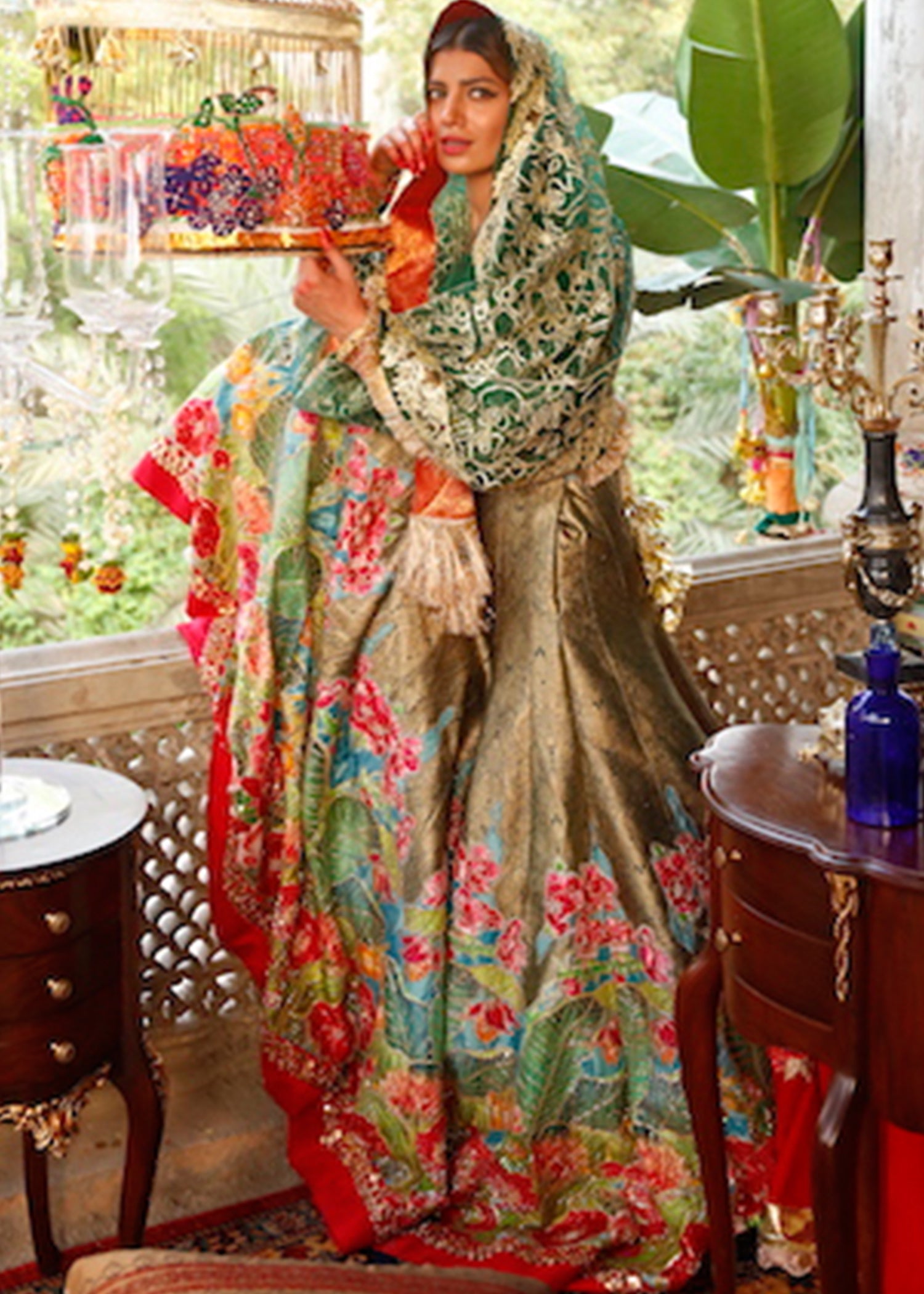 Pakistani Turquoise Lime Embroidered Jamavaar Lehenga (3-Piece) - Image 1