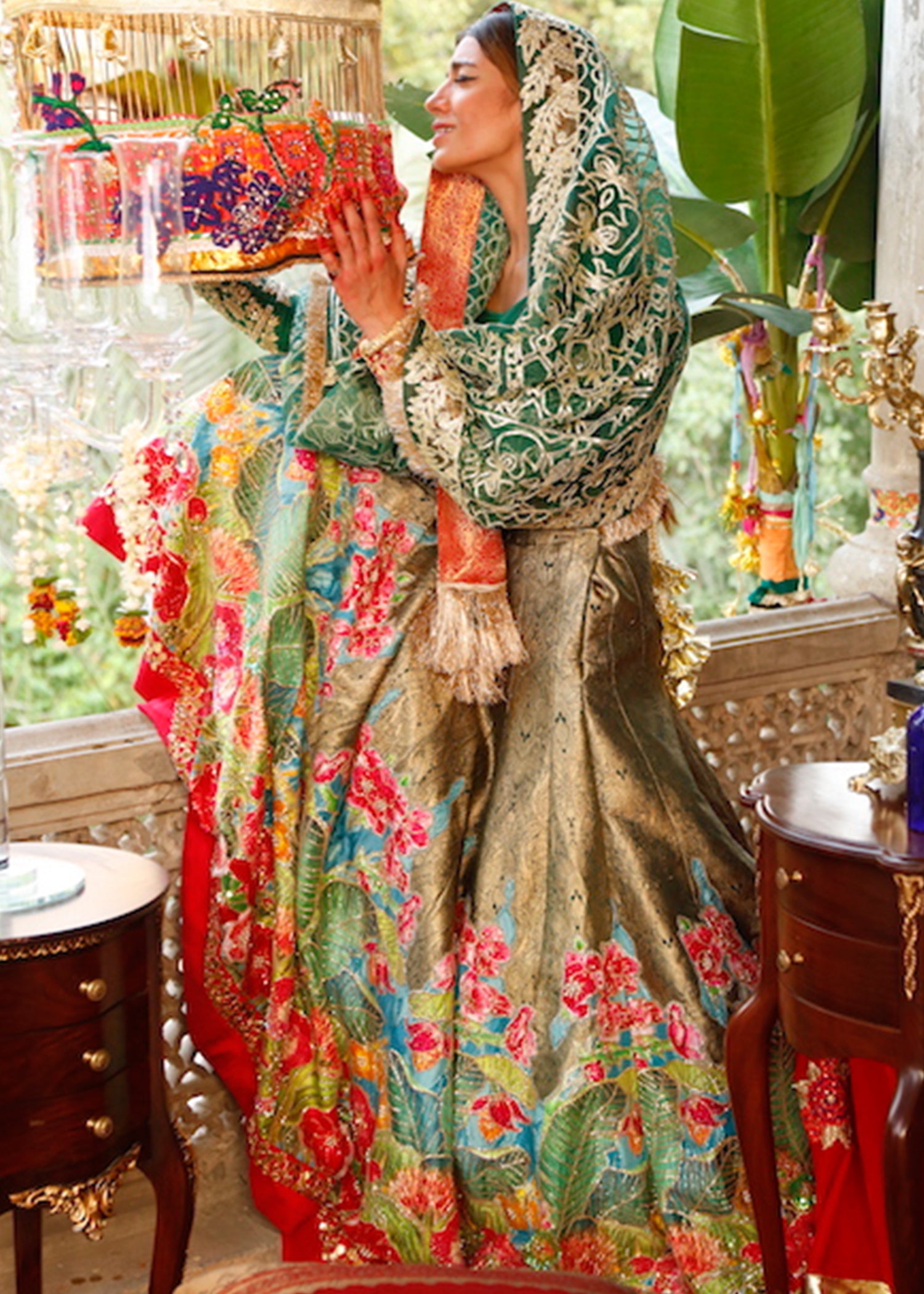 Pakistani Turquoise Lime Embroidered Jamavaar Lehenga (3-Piece) - Image 2