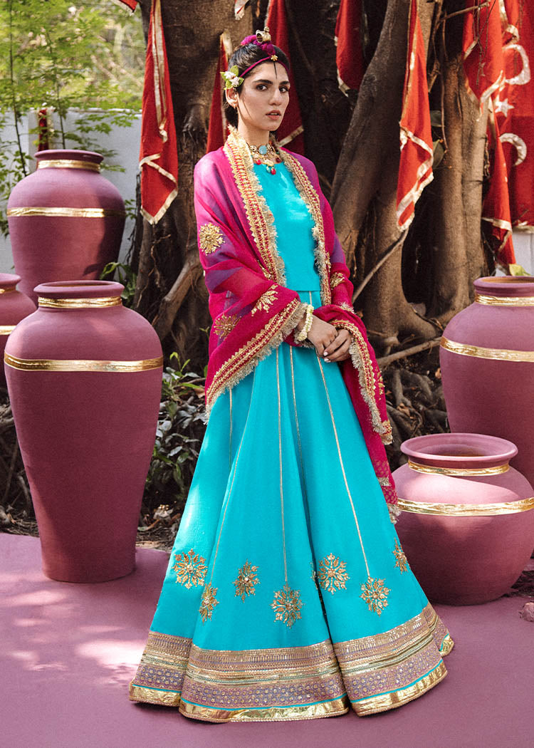 Pakistani Ferozi Gota & Pearl Raw Silk Lehenga (3-Piece) - Image 1