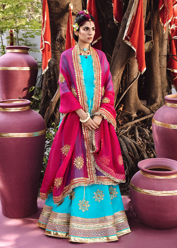 Pakistani Ferozi Gota & Pearl Raw Silk Lehenga (3-Piece) - Image 2