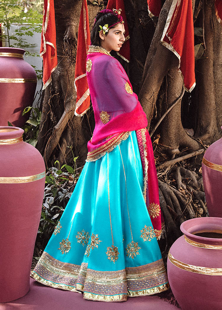 Pakistani Ferozi Gota & Pearl Raw Silk Lehenga (3-Piece) - Image 3