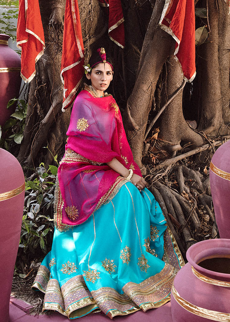 Pakistani Ferozi Gota & Pearl Raw Silk Lehenga (3-Piece) - Image 4