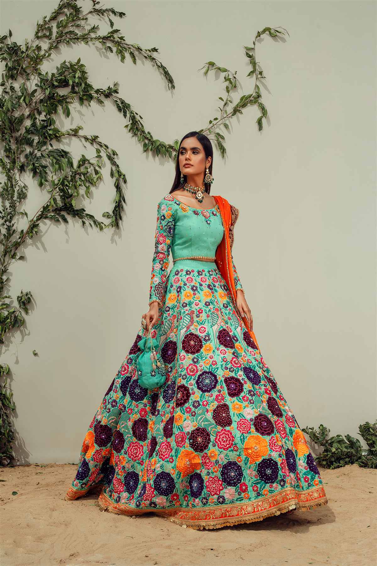 Pakistani Ferozi Multi-Resham Raw Silk Choli Lehenga (3-Piece) - Image 1