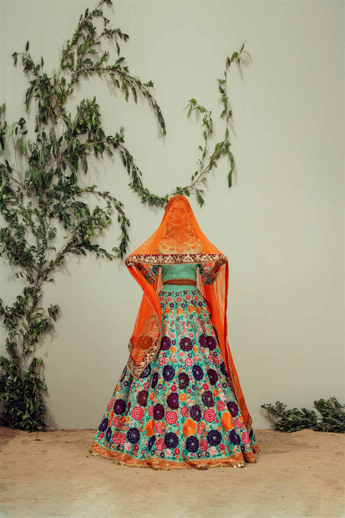 Pakistani Ferozi Multi-Resham Raw Silk Choli Lehenga (3-Piece) - Image 2