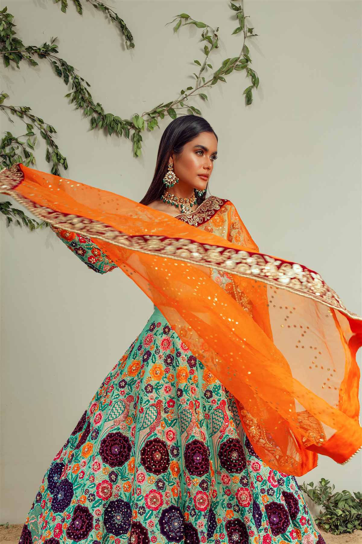 Pakistani Ferozi Multi-Resham Raw Silk Choli Lehenga (3-Piece) - Image 3