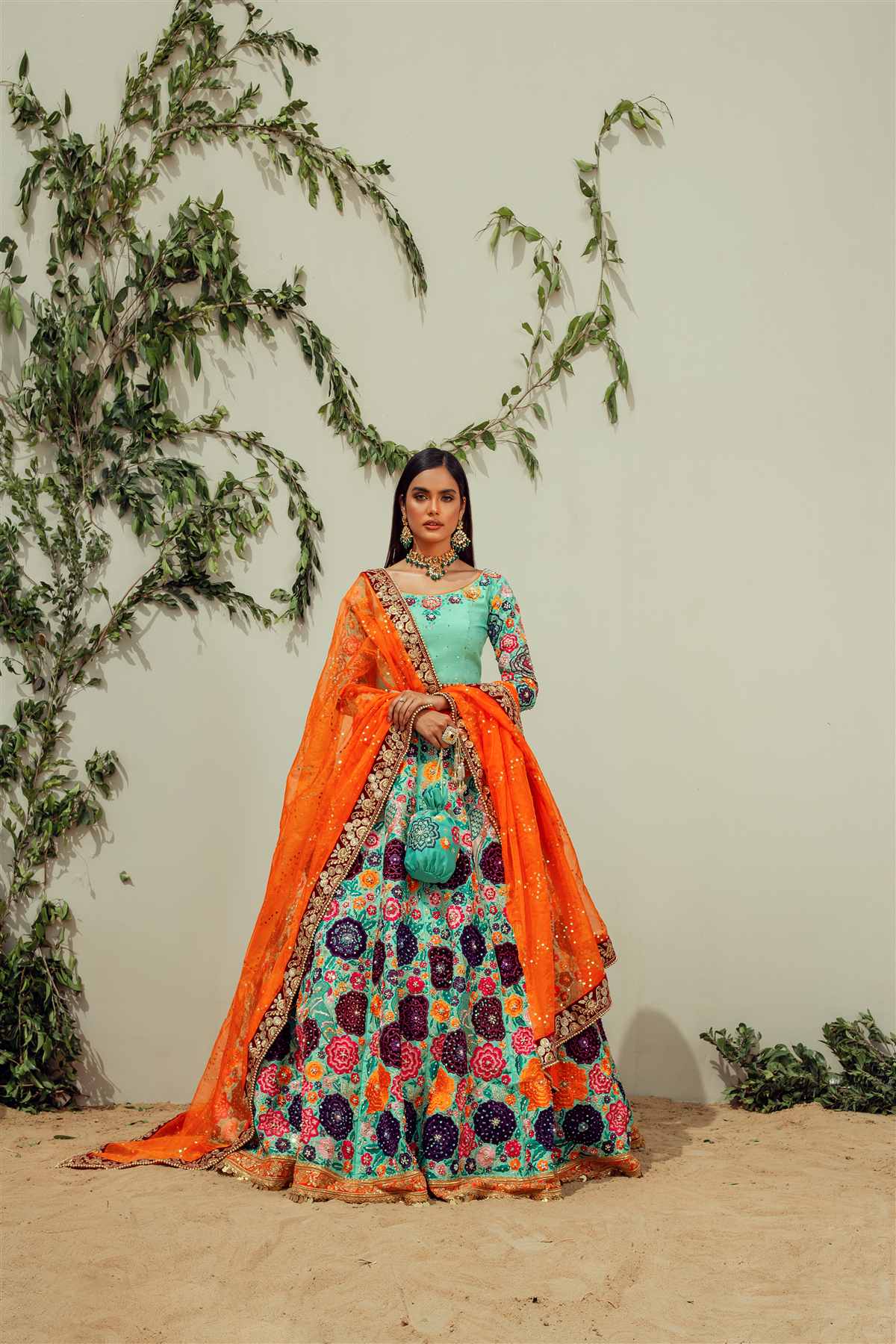 Pakistani Ferozi Multi-Resham Raw Silk Choli Lehenga (3-Piece) - Image 4