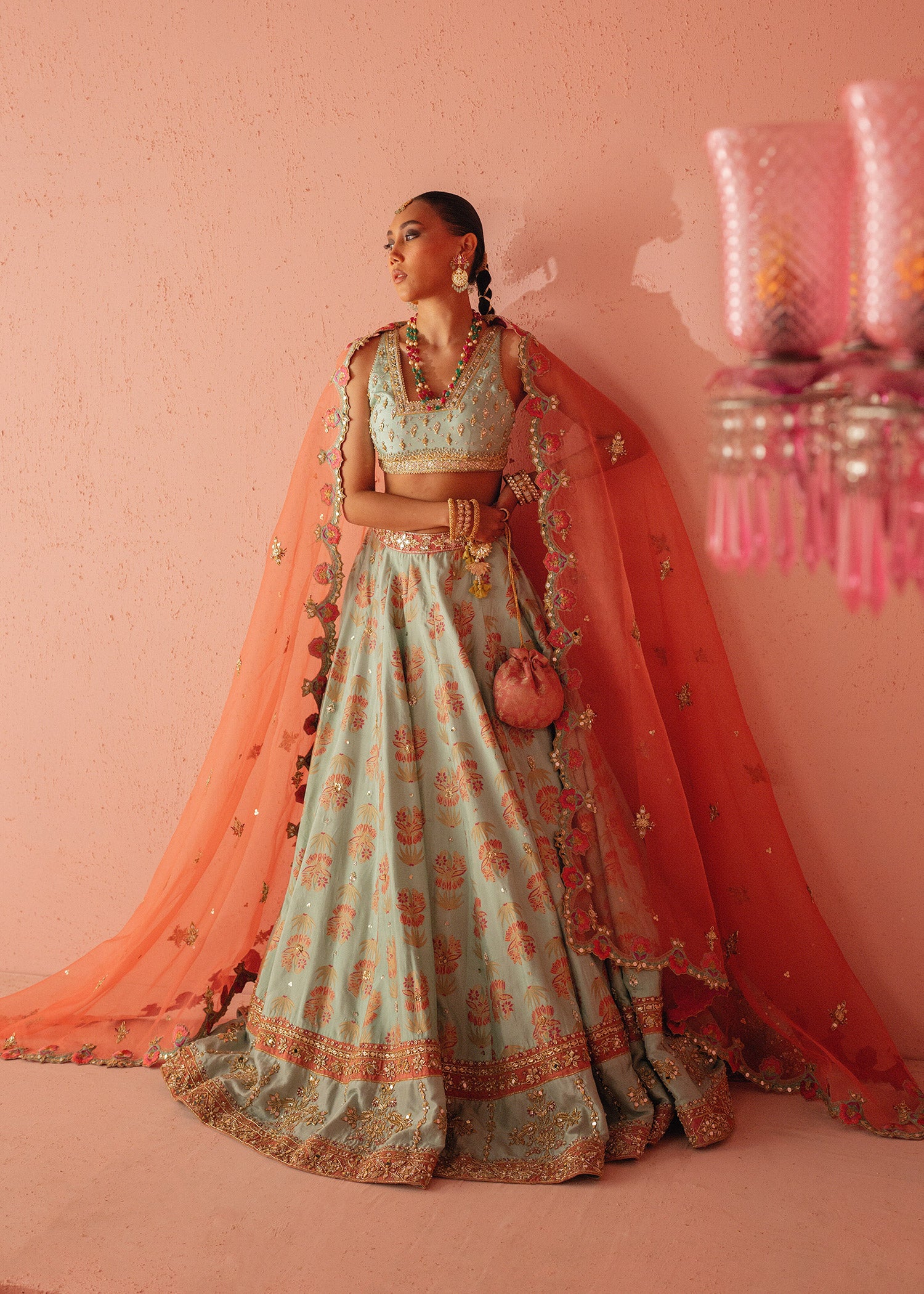 Pakistani Turquoise Embellished Tassle Silk Lehenga Choli (3-Piece) - Image 1