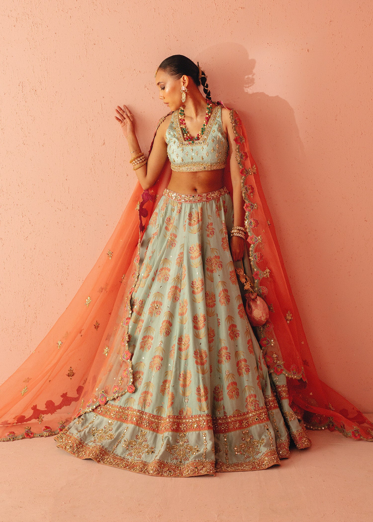 Pakistani Turquoise Embellished Tassle Silk Lehenga Choli (3-Piece) - Image 2